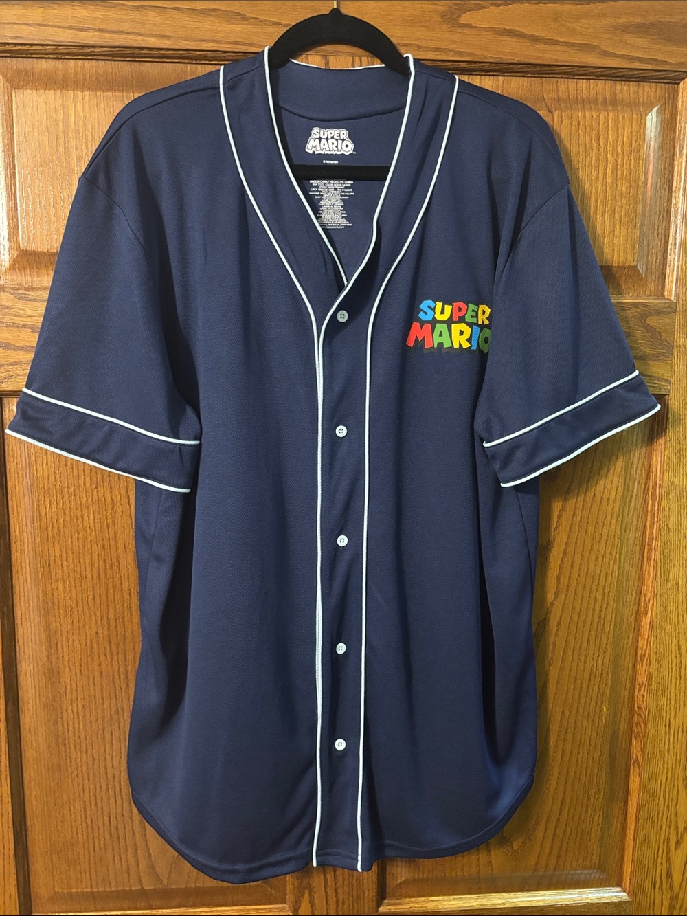 NWOT! Nintendo Super Mario Men’s Navy Baseball Jersey with Baby Blue Piping